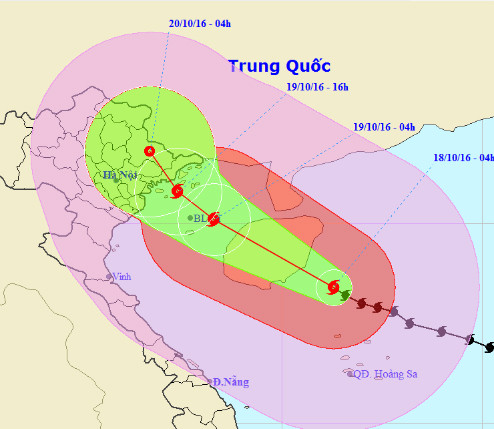 Đường đi của bão lúc 4h theo Trung tâm dự báo khí tượng và thủy văn Trung ương. Ảnh: NCHMF. Đường đi của bão lúc 4h theo Trung tâm dự báo khí tượng và thủy văn Trung ương. Ảnh: NCHMF.