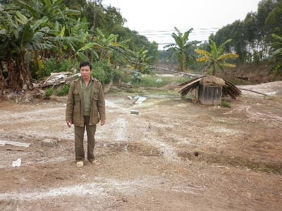 Ông Nguyễn Trọng Túc đứng bần thần bên lán vịt đã tháo dỡ sau khi tiêu hủy Ông Nguyễn Trọng Túc đứng bần thần bên lán vịt đã tháo dỡ sau khi tiêu hủy