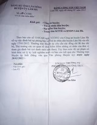 Văn bản chỉ đạo giải quyết vụ việc của Thường trực huyện ủy Lâm Hà đối với những đơn vị có người có mặt tại TAND huyện Lâm Hà
