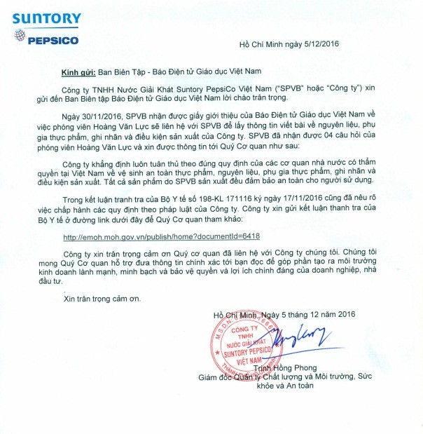 Văn bản trả lời của Pepsico Việt Nam chung chung và tiếp tục mập mờ về nguồn nhập khẩu nguyên liệu, phụ gia. - ảnh H.Lực.