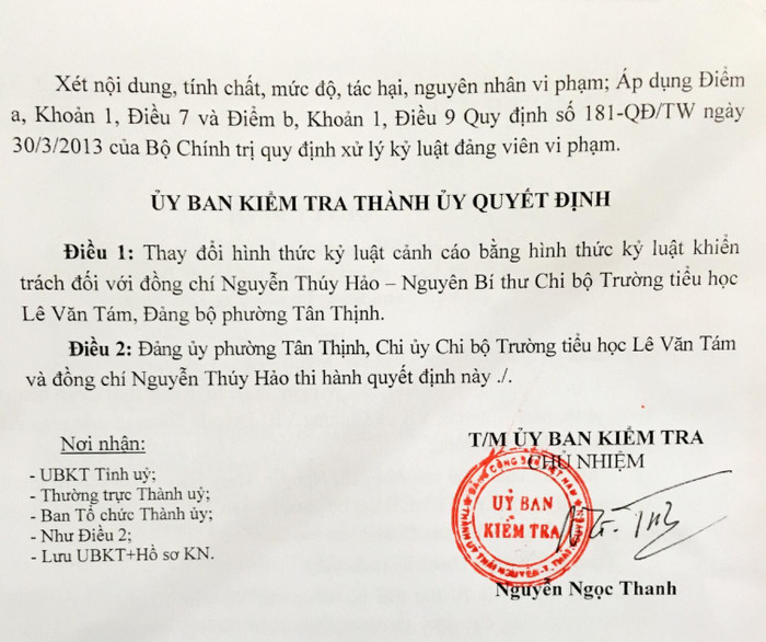 Ủy ban kiểm tra Thành ủy Thái Nguyên Quyết định thay đổi hình thức kỷ luật cảnh cáo bằng hình thức kỷ luật khiển trách đối với bà Hảo (ảnh do bà Nguyễn Thúy Hảo cung cấp).