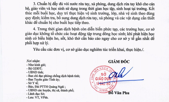 Công văn thông báo cho học sinh đi học trở lại của Sở Giáo dục và Đào tạo Quảng Ngãi. Ảnh: AP Công văn thông báo cho học sinh đi học trở lại của Sở Giáo dục và Đào tạo Quảng Ngãi. Ảnh: AP
