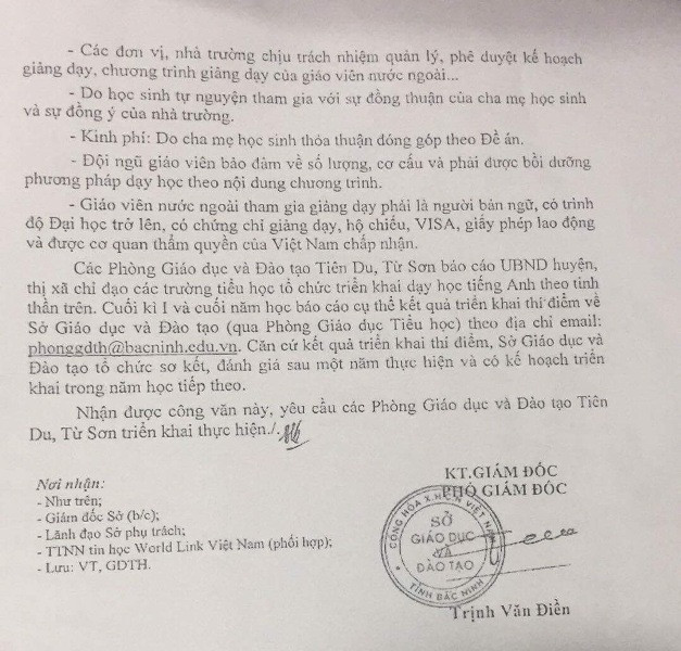 Công văn của Sở Giáo dục và Đào tạo tỉnh Bắc Ninh cho phép sử dụng giáo trình tiếng Anh Explore Our World của Nhà xuất bản Cengage Learning vào việc giảng dạy học sinh lớp 1, 2 khi chưa được Bộ ban hành hoặc thẩm định. Ảnh Bạn đọc cung cấp. Công văn của Sở Giáo dục và Đào tạo tỉnh Bắc Ninh cho phép sử dụng giáo trình tiếng Anh Explore Our World của Nhà xuất bản Cengage Learning vào việc giảng dạy học sinh lớp 1, 2 khi chưa được Bộ ban hành hoặc thẩm định. Ảnh Bạn đọc cung cấp.