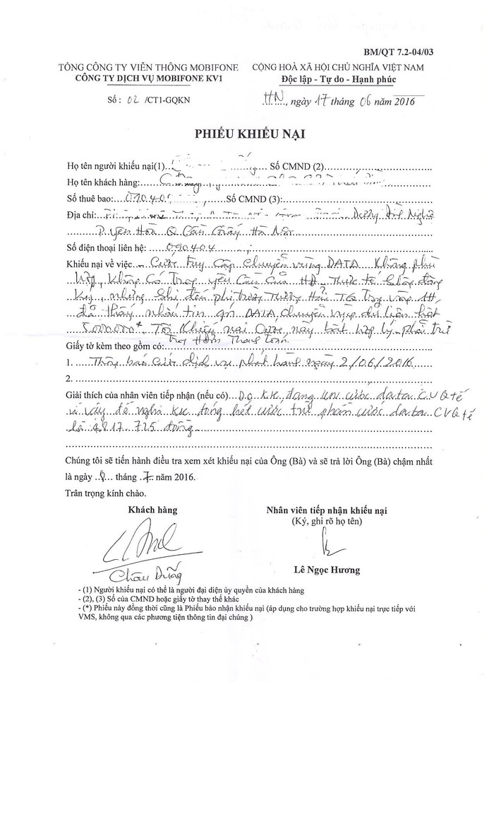 Biên bản phản ánh của chồng chị T.D với MobiFone nhưng câu trả lời của nhà mạng này không rõ ràng Biên bản phản ánh của chồng chị T.D với MobiFone nhưng câu trả lời của nhà mạng này không rõ ràng