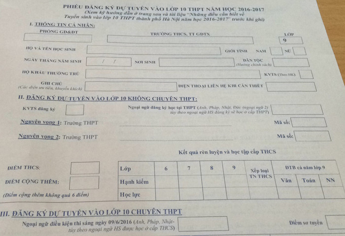 Phiếu đăng kí dự tuyển vào lớp 10 THPT của Hà Nội Phiếu đăng kí dự tuyển vào lớp 10 THPT của Hà Nội