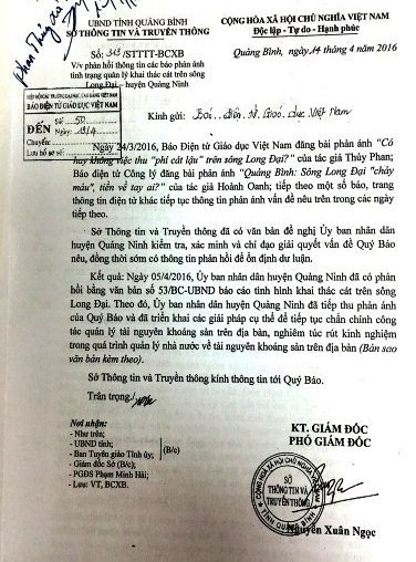 Công văn Sở Thông tin Quảng Bình gửi báo điện tử Giáo dục Việt Nam (Ảnh: Thủy Phan) Công văn Sở Thông tin Quảng Bình gửi báo điện tử Giáo dục Việt Nam (Ảnh: Thủy Phan)