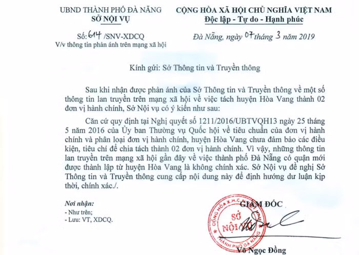 Sở Nội vụ Đà Nẵng khẳng định thông tin thành lập quận mới lan truyền trên mạng xã hội là không chính xác.