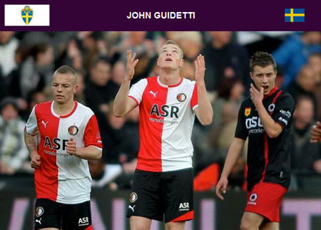 John Guidetti (Thi đấu cho Feyenoord, quốc tịch Thụy Điển): Tiền đạo đang thi đấu nổi bật trên hàng công của Feyenoord (được mượn từ Man City) hứa hẹn là người chia lửa nhiệm vụ ghi bàn trên hàng công của Thụy Điển với Zlatan Ibrahimovic. Tuy nhiên, một vết thương bị nhiễm trùng khiến chân phải của Guidetti không kịp bình phục trước ngày mở màn Euro 2012.