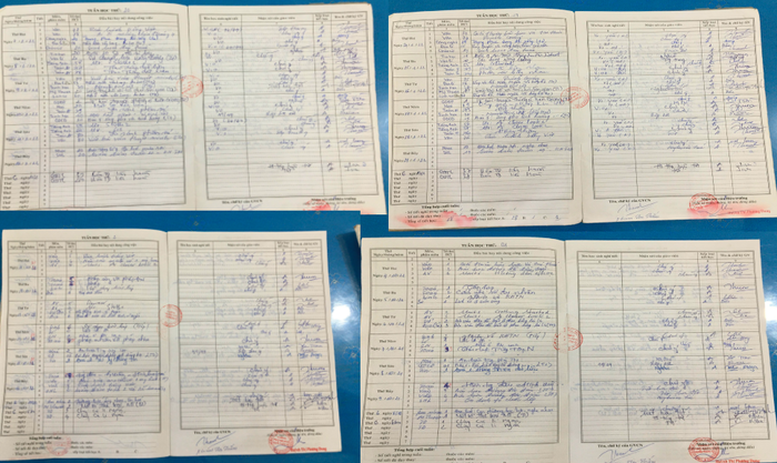 Sổ đầu bài của một số tuần học trong năm học 2021 - 2022 của một số lớp thuộc khối lớp 6 Trường Trung học cơ sở Nguyễn Trường Tộ không có đánh giá của giáo viên và tên hoạt động giáo dục nào là hoạt động trải nghiệm, hướng nghiệp. Ảnh: Giáo viên cung cấp