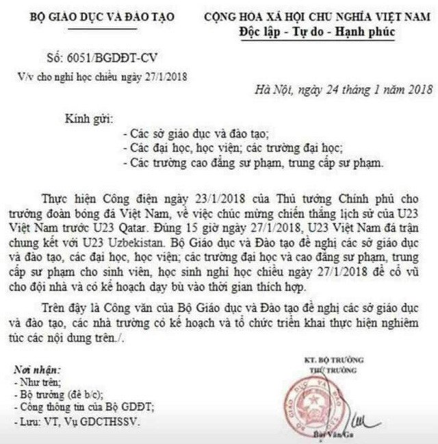 Công văn giả về việc Bộ Giáo dục và Đào tạo cho học sinh cả nước nghỉ học chiều 27/1 để xem Việt Nam đá chung kết giải U23 Châu Á (Ảnh: moet.gov.vn) Công văn giả về việc Bộ Giáo dục và Đào tạo cho học sinh cả nước nghỉ học chiều 27/1 để xem Việt Nam đá chung kết giải U23 Châu Á (Ảnh: moet.gov.vn)