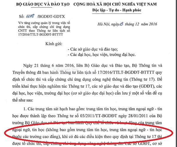 Cụm từ “không bao gồm trung tâm tin học, trung tâm ngoại ngữ - tin học thuộc các trường cao đẳng” trong văn bản 6078 đã khiến các trường cao đẳng chao đao. (Ảnh chụp màn hình) Cụm từ “không bao gồm trung tâm tin học, trung tâm ngoại ngữ - tin học thuộc các trường cao đẳng” trong văn bản 6078 đã khiến các trường cao đẳng chao đao. (Ảnh chụp màn hình)
