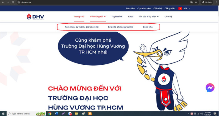 Ảnh chụp màn hình các mục trong phần "Về chúng tôi" của Trường Đại học Hùng Vương Thành phố Hồ Chí Minh. 6.1.jpg