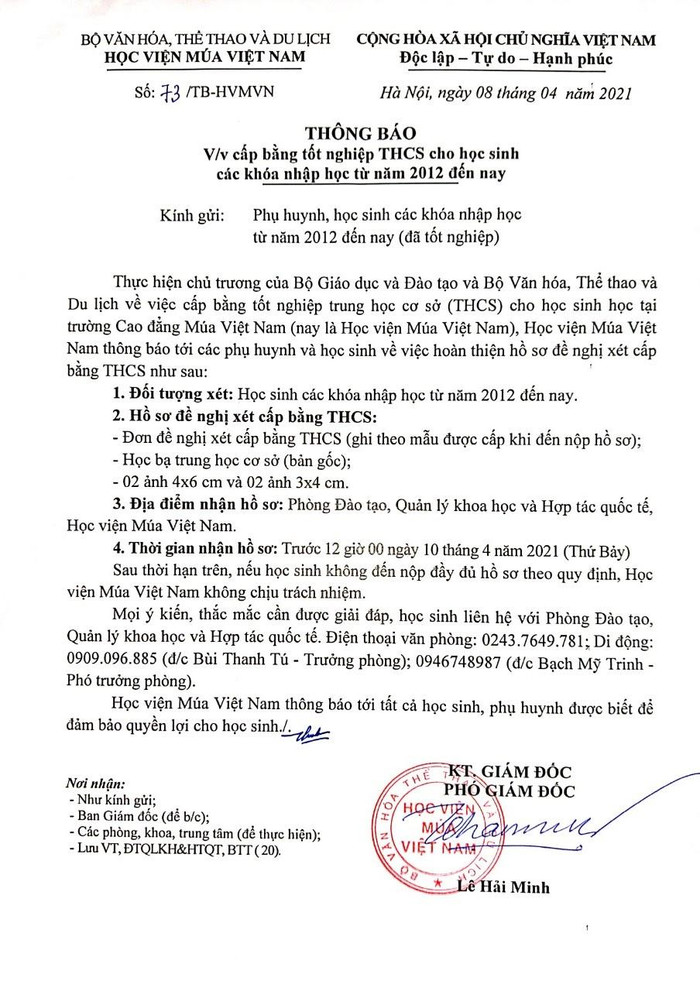 Thông báo của Học viện Múa Việt Nam nhằm triển khai việc cấp bằng trung học cơ sở cho học sinh