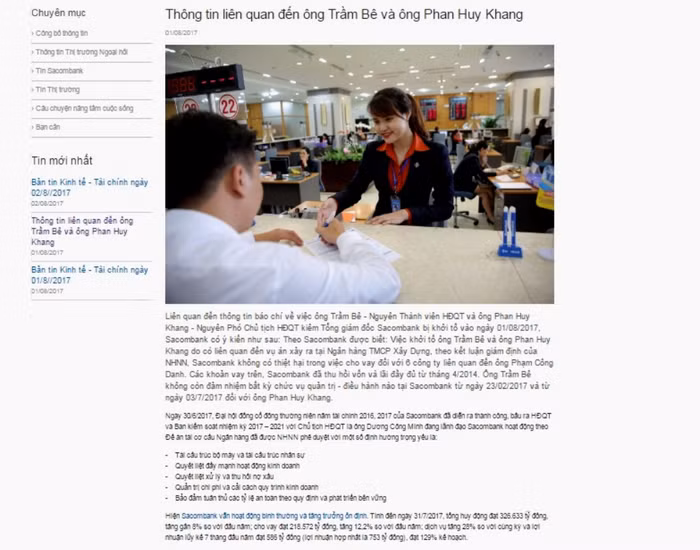 Thông cáo báo chí chính thức của Sacombank liên quan đến thông tin ông Trầm Bê bị bắt - ảnh chụp màn hình.