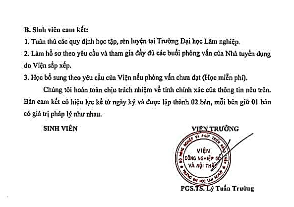 Viện Công nghiệp gỗ và nội thất, Trường Đại học Lâm nghiệp có cả văn bản cam kết giới thiệu việc làm cho sinh viên sau khi ra trường, tuy nhiên vẫn rất ít sinh viên lựa chọn theo học. Ảnh: Website nhà trường image004.png