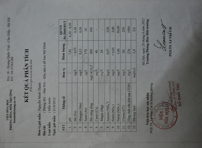 Kết quả phân tích mẫu nước nhà anh Nguyễn Minh Thành với hàm lượng asen gấp 37 lần mức cho phép