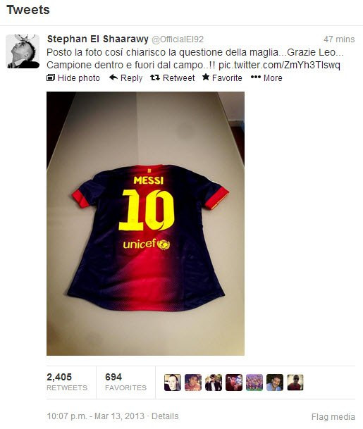Nhưng không hiểu sau đó tiền đạo trẻ của AC Milan đã thủ thỉ điều gì với Messi trong đường hầm mà El Pulga đã quyết định thất hứa với Mexes để tặng áo đấu của mình cho El Shaarawy. Trên trang Twitter của mình, El Shaarawy khoe bức ảnh chụp chiếc áo đấu của Messi cùng dòng chú thích bằng tiếng Ý: 'Hình ảnh này nói lên tất cả... Cảm ơn Leo, nhà vô địch cả trong lẫn ngoài sân cỏ.' Nhưng không hiểu sau đó tiền đạo trẻ của AC Milan đã thủ thỉ điều gì với Messi trong đường hầm mà El Pulga đã quyết định thất hứa với Mexes để tặng áo đấu của mình cho El Shaarawy. Trên trang Twitter của mình, El Shaarawy khoe bức ảnh chụp chiếc áo đấu của Messi cùng dòng chú thích bằng tiếng Ý: 'Hình ảnh này nói lên tất cả... Cảm ơn Leo, nhà vô địch cả trong lẫn ngoài sân cỏ.'