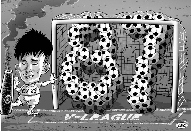 Với bàn thắng ấn định chiến thắng 4-1 cho SLNA trên sân Rạch Giá, Công Vinh đã trở thành cầu thủ ghi nhiều bàn thắng nhất ở giải đấu số 1 Việt Nam, sánh ngang với chân sút người Brazil hiện đang chơi cho XMV.Hải Phòng Antonio Carlos. Ảnh biếm họa của TTVH Với bàn thắng ấn định chiến thắng 4-1 cho SLNA trên sân Rạch Giá, Công Vinh đã trở thành cầu thủ ghi nhiều bàn thắng nhất ở giải đấu số 1 Việt Nam, sánh ngang với chân sút người Brazil hiện đang chơi cho XMV.Hải Phòng Antonio Carlos. Ảnh biếm họa của TTVH