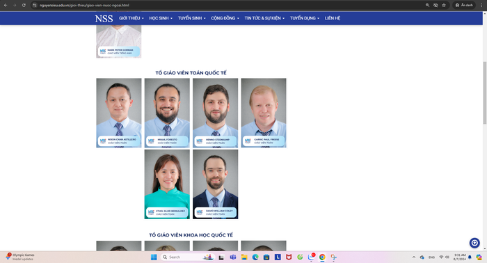 Thông tin về đội ngũ giáo viên là người Việt Nam và nước ngoài của nhà trường trên website Trường Trung học cơ sở - Trung học phổ thông Nguyễn Siêu có ảnh và tên của giáo viên (Ảnh chụp màn hình). Screenshot 2024-08-07 093115.png