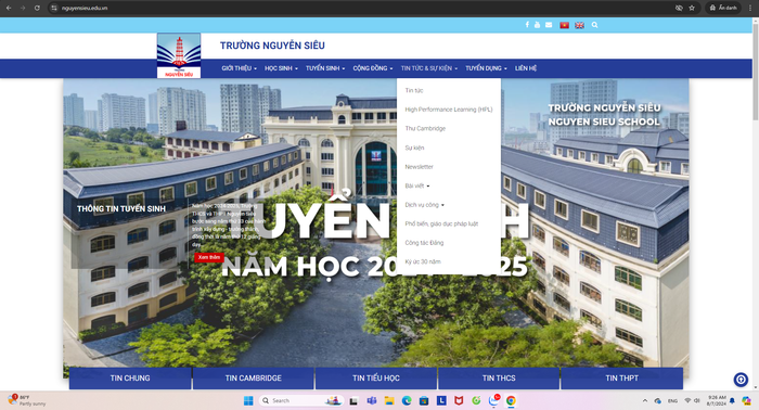 Tại các mục Giới thiệu, Cộng đồng hay Tin tức và sự kiện của Nhà trường đều không thấy mục báo cáo 3 công khai (Ảnh chụp màn hình). Screenshot 2024-08-07 092609.png