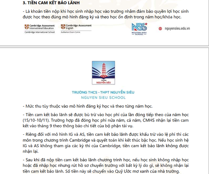 Ảnh chụp màn hình mục "Tiền cam kết bảo lãnh" thực hiện theo Điều 2 của Quy định nhập học Trường Trung học cơ sở - Trung học phổ thông Nguyễn Siêu. Screenshot 2024-09-05 091639.png