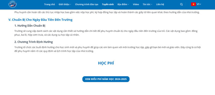 Nút “Xem biểu phí năm học 2024-2025” không dẫn đến link thông tin tương ứng. Ảnh chụp màn hình. hp.JPG