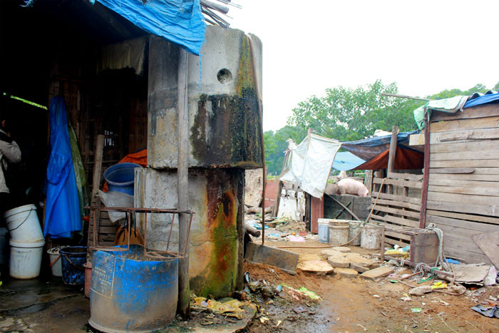 Khung cảnh xập xệ, cũ nát của “khu ổ chuột” cùng với bể giếng khoan - nơi tắm rửa, ăn uống, vệ sinh của tất cả mọi người.