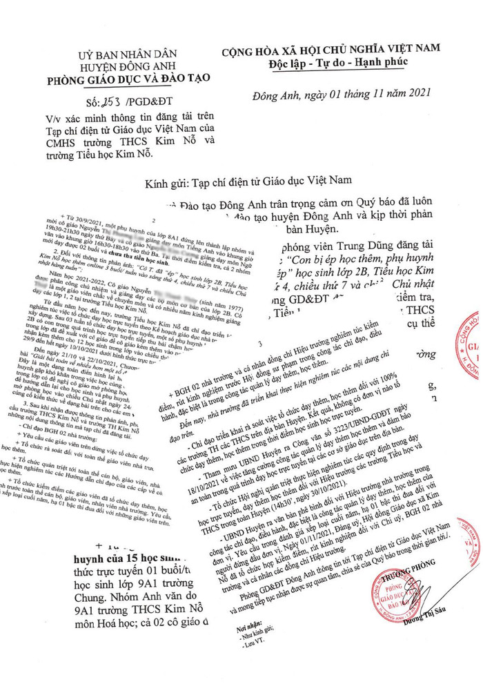 Công văn phản hồi Tạp chí về rà soát việc dạy thêm và xử lý trách nhiệm của người đứng đầu nhà trường của Phòng Giáo dục huyện Đông Anh. Ảnh:Trung Dũng