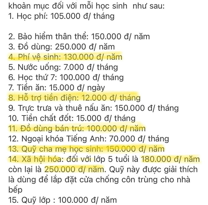 Các khoản được tô màu đậm được các phụ huynh trường mầm non Bình Minh cho rằng nhà trường đang lạm thu. Ảnh: Phụ huynh cung cấp Các khoản được tô màu đậm được các phụ huynh trường mầm non Bình Minh cho rằng nhà trường đang lạm thu. Ảnh: Phụ huynh cung cấp