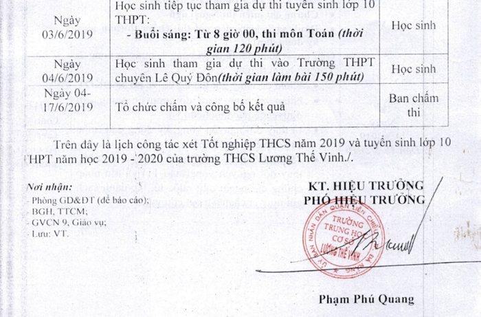 Lịch công tác về tuyển sinh lớp 10 của Trường trung học cơ sở Lương Thế Vinh bị nhầm lẫn khiến phụ huynh phản ứng. Ảnh: TN Lịch công tác về tuyển sinh lớp 10 của Trường trung học cơ sở Lương Thế Vinh bị nhầm lẫn khiến phụ huynh phản ứng. Ảnh: TN