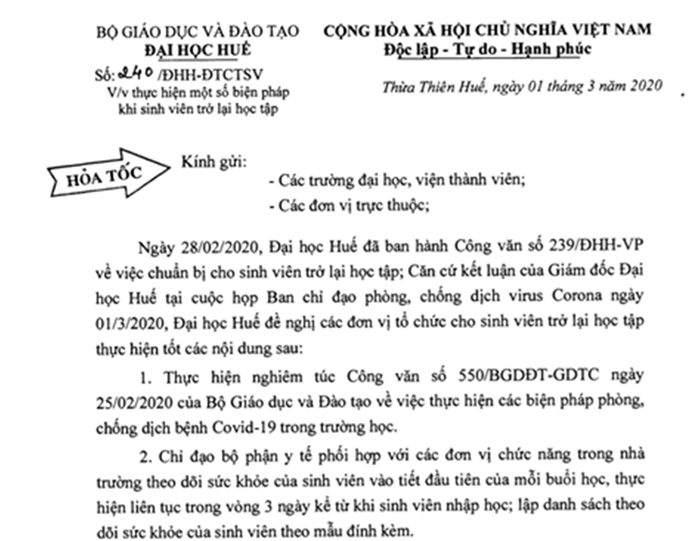 Công văn hỏa tốc về việc bảo đảm an toàn cho sinh viên khi đi học lại của Đại học Huế. Ảnh: TTr. Công văn hỏa tốc về việc bảo đảm an toàn cho sinh viên khi đi học lại của Đại học Huế. Ảnh: TTr.