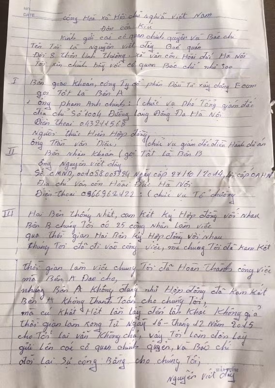 Sau nhiều lần yêu cầu thanh toán nhưng không được Công ty ECON đáp ứng, ông Nguyễn Viết Đây phải gửi đơn cầu cứ tới cơ quan ngôn luận. Ảnh Trần Việt.
