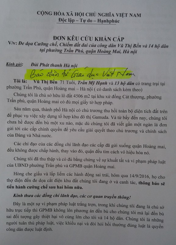 Đơn kêu cứu khẩn cấp của 15 hộ dân trong công tác đền bù GPMB gửi đến Báo điện tử Giáo dục Việt Nam. Ảnh Đình Long. Đơn kêu cứu khẩn cấp của 15 hộ dân trong công tác đền bù GPMB gửi đến Báo điện tử Giáo dục Việt Nam. Ảnh Đình Long.