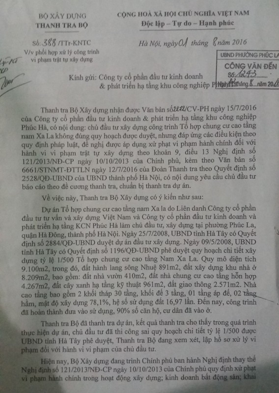 Văn bản của Thanh tra Bộ Xây dựng trả lời Công ty Phúc Hà sau khi những sai phạm đã được quận Hà Đông chỉ ra và yêu cầu cưỡng chế. Ảnh Bảo Nam.