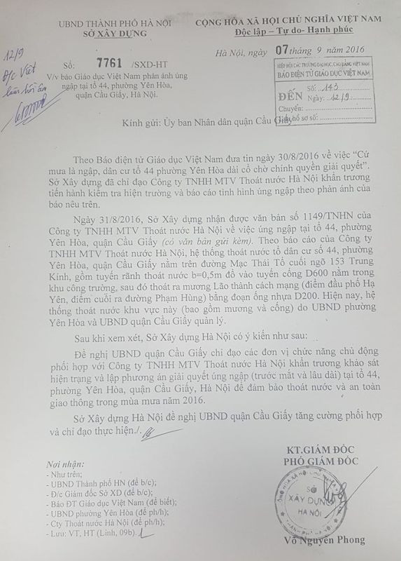 Văn bản của Sở xây dựng Hà Nội chỉ đạo UBND quận Cầu Giấy xử lý tình trạng úng ngập tổ 44, phường Yên Hòa.