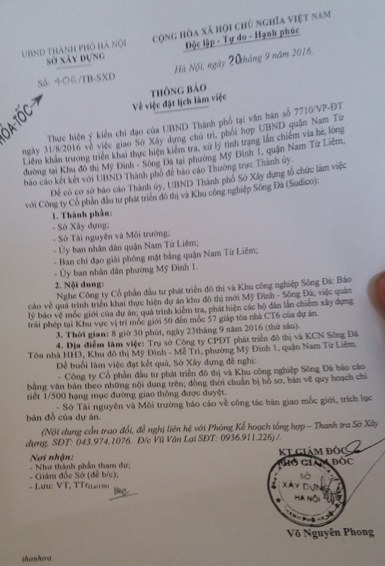 Công văn chỉ đạo hỏa tốc của Sở Xây dựng thông báo về lịch làm việc với Công ty Sudico để có cơ sở báo cáo Thành ủy, UBND thành phố Hà Nội. Công văn chỉ đạo hỏa tốc của Sở Xây dựng thông báo về lịch làm việc với Công ty Sudico để có cơ sở báo cáo Thành ủy, UBND thành phố Hà Nội.