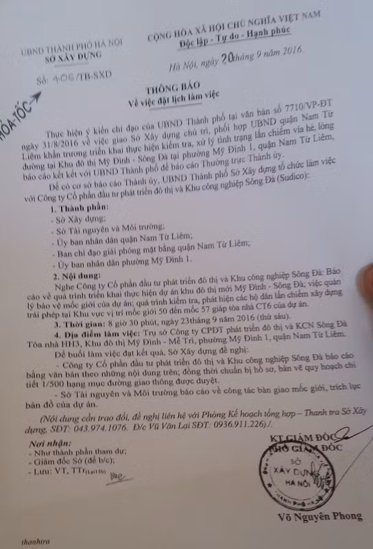 Công văn chỉ đạo hỏa tốc của Sở Xây dựng thông báo về lịch làm việc với Công ty Sudico để có cơ sở báo cáo Thành ủy, UBND thành phố Hà Nội.