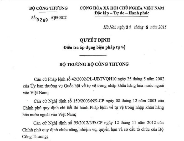 Quyết định của Bộ Công thương (ảnh chụp màn hình)