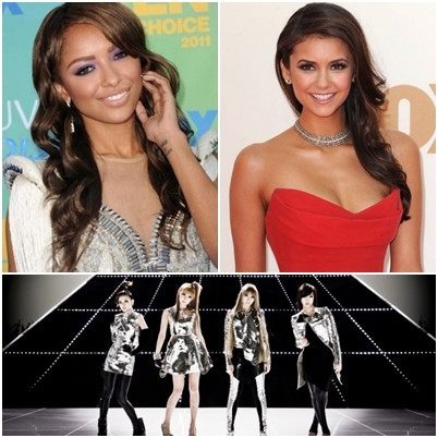 Kat Graham (trái), Nina Dobrev (phải), nhóm nhạc 2NE1 (dưới)
