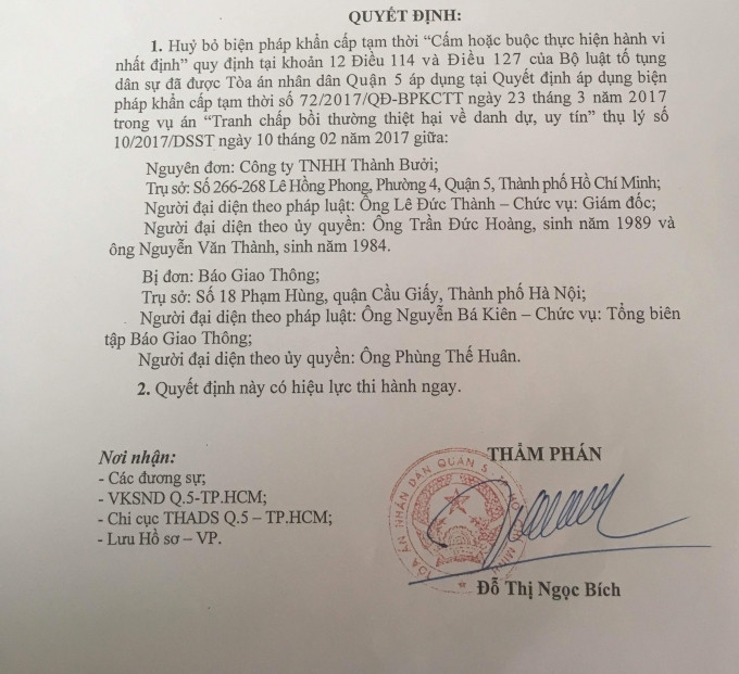 Tòa án nhân dân Quận 5 đã hủy quyết định áp dụng biện pháp khẩn cấp (ảnh Bạch Đằng). Tòa án nhân dân Quận 5 đã hủy quyết định áp dụng biện pháp khẩn cấp (ảnh Bạch Đằng).