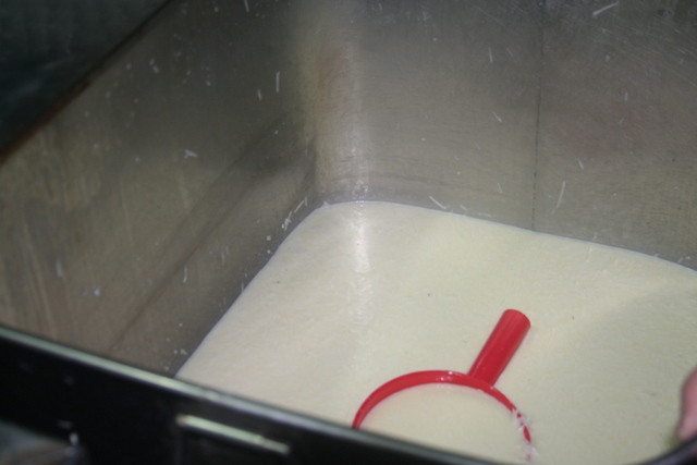 Bồng bềnh chiếc gáo nhựa trong bồn chứa hợp chất tạo kem gồm sữa, đường, sợi dừa nạo mỏng... Bồng bềnh chiếc gáo nhựa trong bồn chứa hợp chất tạo kem gồm sữa, đường, sợi dừa nạo mỏng...