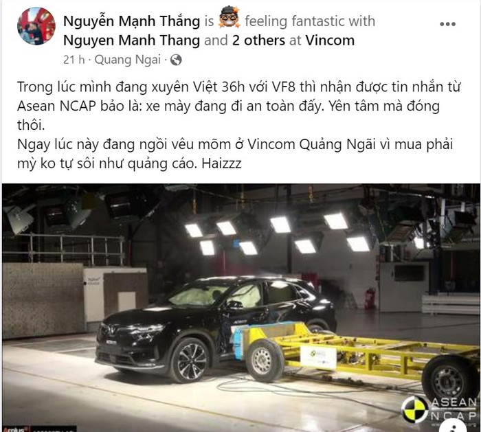 Anh Mạnh Thắng không quá bất ngờ khi biết tin VF 8 được ASEAN NCAP “chấm” 5 sao về mức độ an toàn. (Ảnh: FBNV) Anh Mạnh Thắng không quá bất ngờ khi biết tin VF 8 được ASEAN NCAP “chấm” 5 sao về mức độ an toàn. (Ảnh: FBNV)