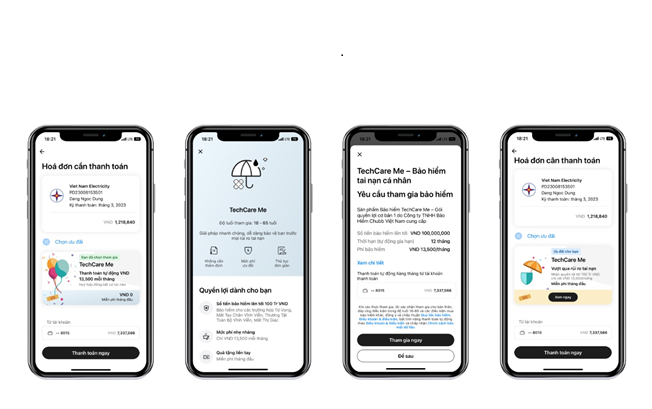 Màn hình trải nghiệm sản phẩm TechCare Me trên ứng dụng Techcombank Mobile Màn hình trải nghiệm sản phẩm TechCare Me trên ứng dụng Techcombank Mobile