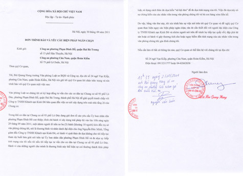 Đơn trình báo của LS Bùi Quang Hưng gửi các cơ quan chức năng thông tin về việc bị đe dọa và yêu cầu các cơ quan có các biện pháp ngăn chặn và răn đe đối với các hành vi quấy rối này.