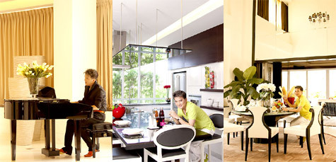 Các không gian chức năng khác như phòng ngủ, phòng làm việc, phòng tắm, bếp, phòng ăn… cũng được bố trí liên hoàn vừa mang lại sự thoải mái, tiện nghi khi sử dụng vừa dễ sắp xếp đồ đạc, trang trí tranh ảnh, đồ lưu niệm trong các chuyến lưu diễn của ca sĩ Đàm Vĩnh Hưng.