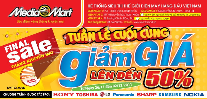 Tuần lễ cuối cùng Media Mart giám giá lên đến 50% nhiều loại mặt hàng.