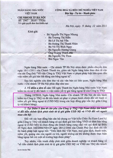 Công văn của Ngân hàng Nhà nước về việc tiến hành xử phạt vi phạm hành chính đối với hành vi niêm yết giá bằng ngoại tệ (USD Mỹ) trong các hợp đồng góp vốn của TSQ Việt Nam.