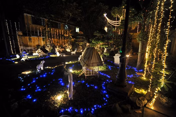 Những cây thông lớn trang trí cầu kỳ đã được dựng lên ở mặt chính diện và hang đá phía sau nhà thờ được chăng đèn rực rỡ khiến nơi đây trở nên lung linh hơn bao giờ hết.