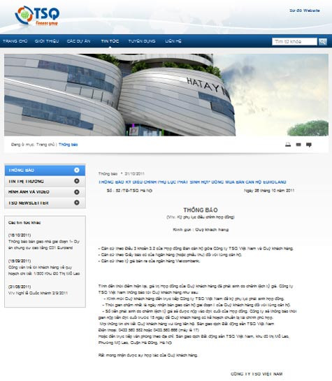 Bản thông báo yêu cầu dân cư nộp tiền chênh lệch đăng tải trên website chính thức của TSQ Việt Nam.