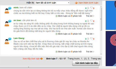 Nhiều bình luận của cộng đồng cư dân mạng lên tiếng phản đối chất lượng và sự thờ ơ của Honda trước các sự cố tiêu dùng liên quan tới cháy, nổ xe máy diễn ra thường xuyên trong thời gian qua.
